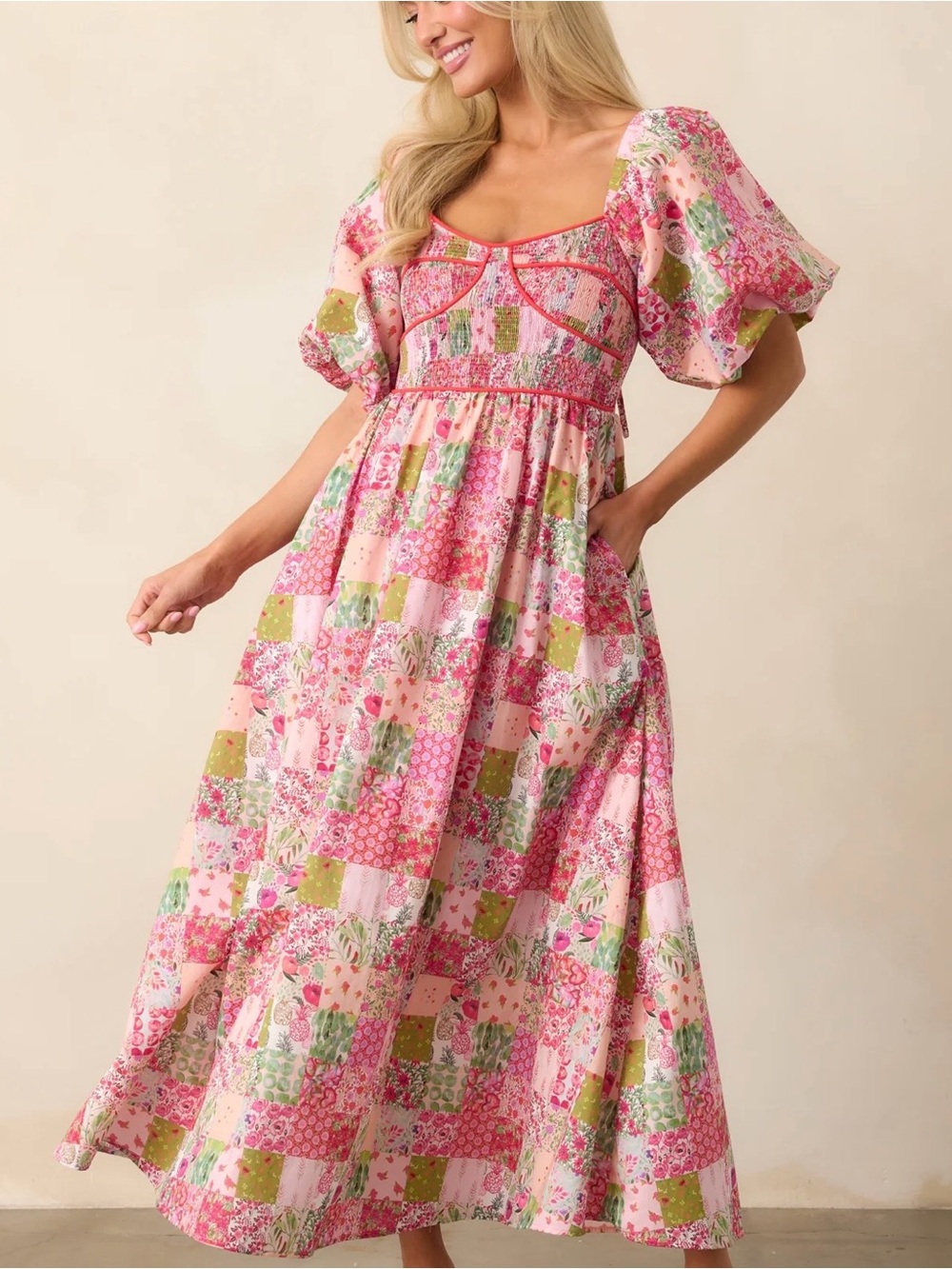 Puff-Sleeve Patchwork Maxi Dress in Pink - Picture 4 of 6